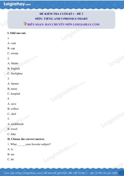 Đề thi học kì 1 Tiếng Anh 5 Phonics Smart - Đề số 3